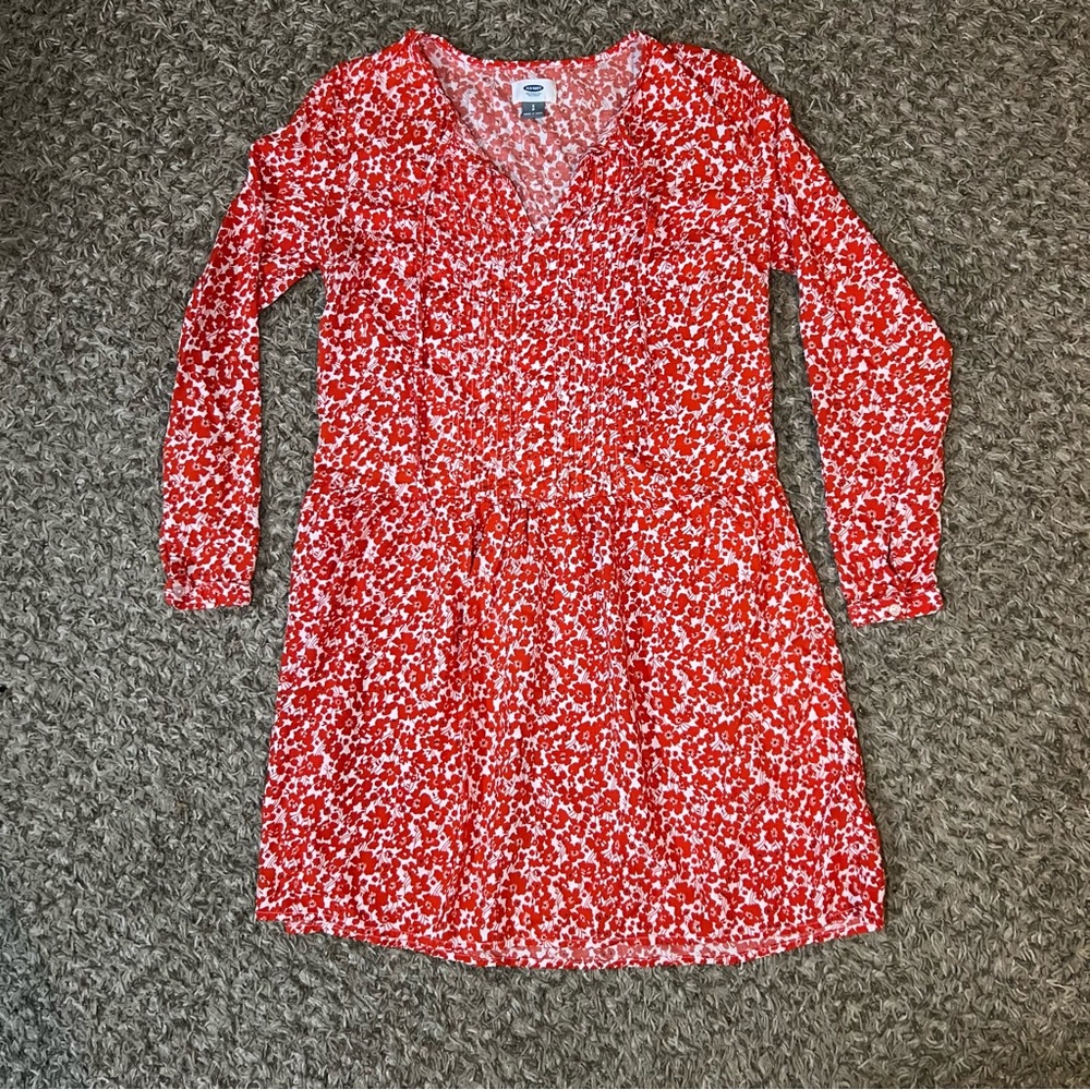 Old Navy Womens S Red Floral Dress Long Sleeve Pintuck Pleated Tie Neck Small
